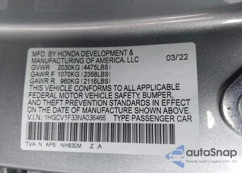 2022 Honda Accord Sport from USA, damaged, VIN 1HGCV1F33NA036466